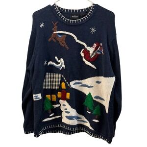 IN RESOURCE Womens L Navy Blue Christmas Santa Reindeer Cabin Ugly Sweater Retro